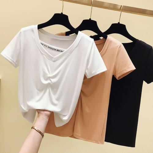 Gkfnmt White Soft Short Sleeve T shirt Women V-Neck Tops Sexy Summer Korean Clothes Woman Tshirt Slim Tee Shirt Fashion 2020