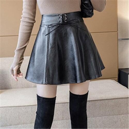 Female Loose Sweat Faux Leather Elastic Mini Skirt Plus Size Cute Drawstring Bow Women Mini Pu Pleated Skirt Streetwear