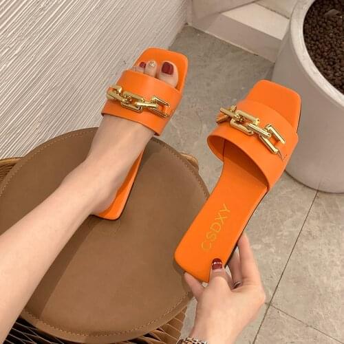 Women Slipper Sandals 2021 Design Gold Chain Closed Toe Slip On Mules Shoes Flat Heels Square Head Sexy Casual Slides Flip Flops