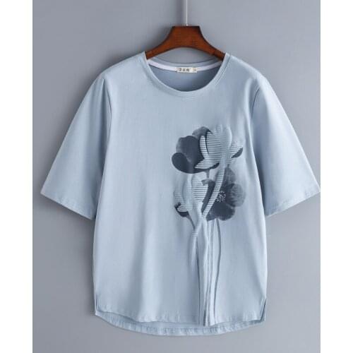 Womens Tops National Style Cotton O-Neck Five-point Sleeves Loose Shirt Middle-aged Mother Summer Temperament Printed Top A869