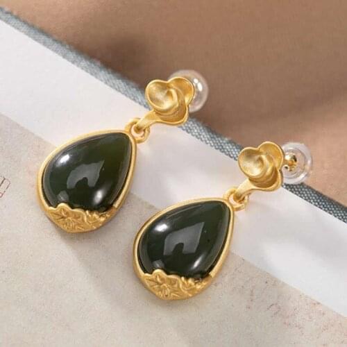 100% Natural Green Jadeite Earrings S925 Silver Ruyi Water Drop Dangle Earrings