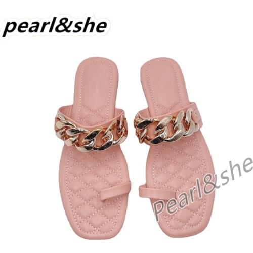 Brand Designer 2021 Summer New Fashion Golden Chain Clip Toe Flat Leather Slippers Socofy Slip On Loafers Mules Flip