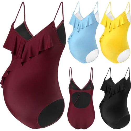 Newest Womens One Piece Maternity Swimsuits Swimwear Halter Deep V Neck Ruffle Swimming Bathing Suits Female Monokini Beachwear