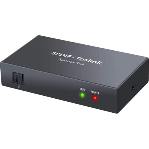 Digital Optical Audio 1X4 Splitter Digital SPDIF Toslink Optical Fiber Audio Splitter 1 in 4 Out Aluminum Alloy(US Plug)