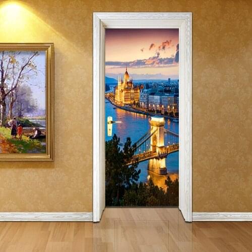 PVC Door Sticker City Night Scenery Self-Adhesive Waterproof Poster Wallpaper Living Room Bedroom Door Decor Modern Home Design