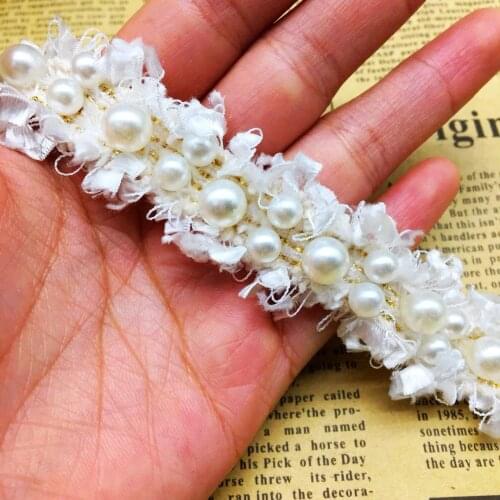 GXINUG 1 Yd Ivory Nylon Pear Beaded Lace Trim Ribbon Applique Sewing Craft Crochet Fabric Edging Trimmings Vintage Wedding Dress