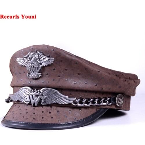 German Army Cap Men Women Unisex Genuine Leather Heavy Machine Knight Punk Motorcycle Hat Korean Retro Student Military Gorras