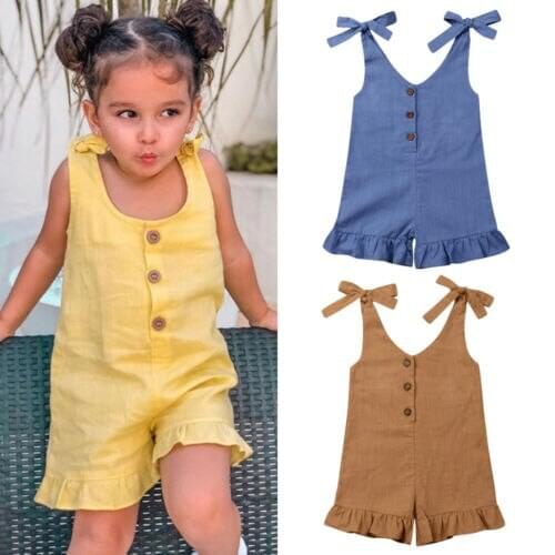 Kids Baby Girl Summer Solid Cotton&Linen Romper Jumpsuit Overalls Outfits Sunsuit Sleeveless Lace Up Tops Rompers 1-6Y