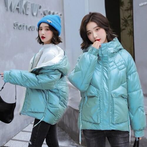 Short Gloosy Hooded Parkas Solid Winter Jackets For Women 2021 New Casual Big Pocket Parkas Winter Coat Women Down Cotton Jacket
