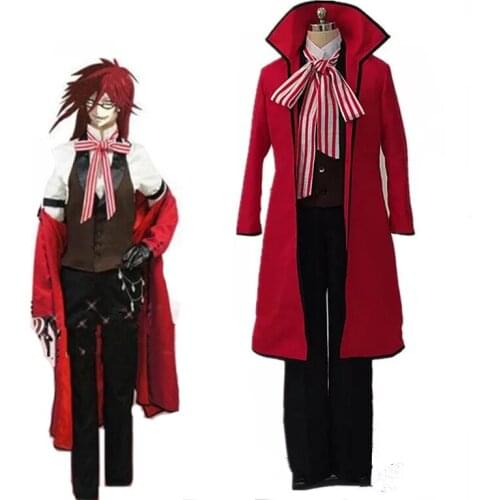 Anime Black Butler Death Shinigami Grell Sutcliff Cosplay Red Uniform Outfit+Glasses Carnaval Halloween Costumes for Women Men