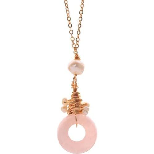 Round Circle Pink Stone Crystal Pendant Necklace Fashion Women Freshwater Pearl Choker Bib Collar Chain Necklaces Lucky Jewelry