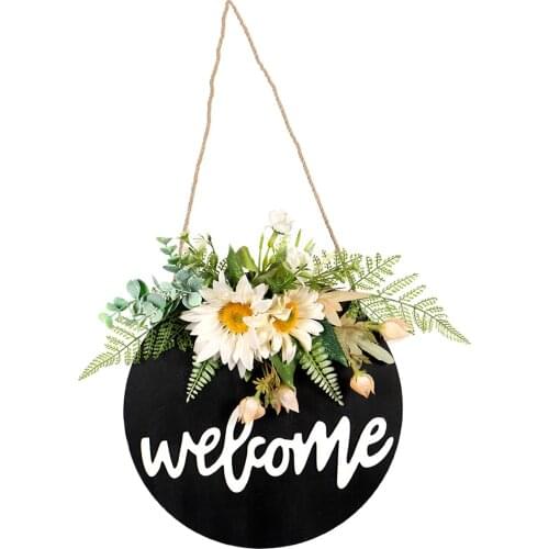 16'' Round Welcome Sign Fake Green Leaves Porch Outdoor Hanging Front Door Home Restaurant Seasonal Decoration Ornament
