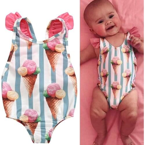 Baby Girls Swimwear Sleeveless Backless Ice Cream Printing Swimsuit Toddler Kids Holiday Beachwear Children One Piece Suits