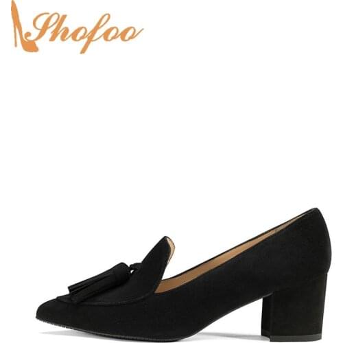 Black Fringe High Chunky Heels Women Loafers Pumps Pointed Toe Slip On Large Size 14 16 Ladies Summer Fashion Flock Shoes Shofoo