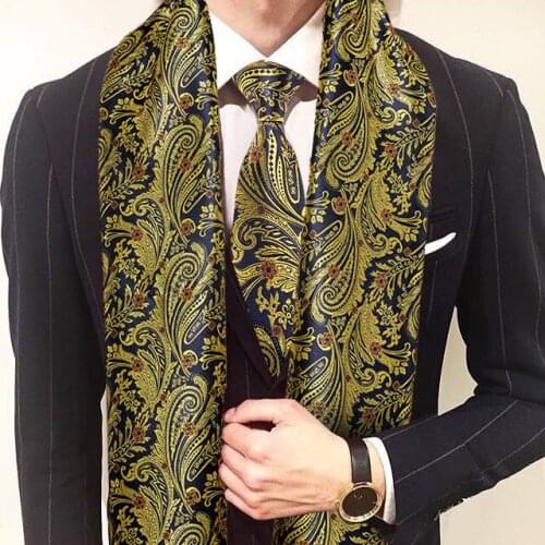 New Fashion Men Tie Gold Jacquard Paisley 100% Silk Scarf Set Autumn Winter Casual Business Suit Shirt Soft Scarf Barry.Wang
