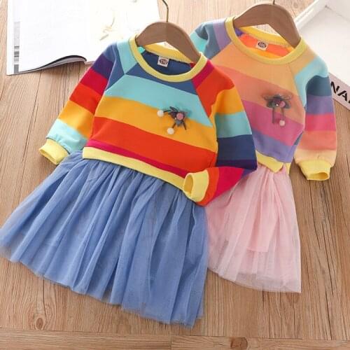 Girls' Dresses for Fall 2021 New Childrens Long-sleeved Rainbow Striped Sweater Foreign-style Baby Net Yarn Princess Dress