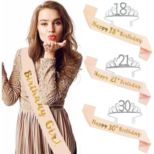 Happy Birthday 30th 40th 50th Crown with Satin Sash Birthday Party Decorations Adult 18 21 30 40 50 Anniversary Party Supplies