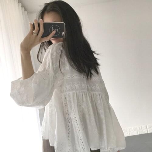 Self made ins summer versatile loose embroidery lace hollow doll fairy white lace blouse girl