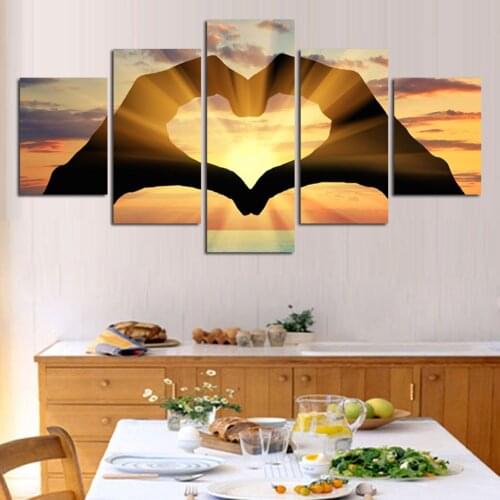 Modern Wall Art Poster Home Decor 5 Panel Sunset Hand Love Seascape Living Room Print Canvas HD Painting Pictures Modular Frame