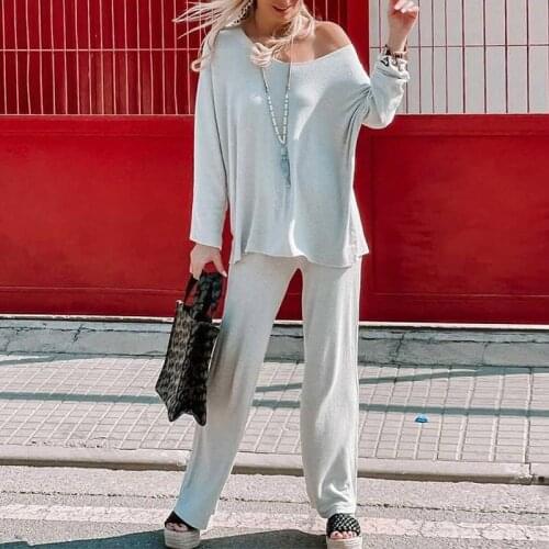 Women Casual Solid Two-piece Sets Autumn Fleece Chic Tracksuits Fashion Loose Long Sleeve Skew Collar Tops And Sweatpants Suits