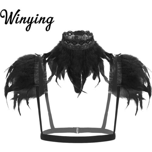 Women Gothic Natural Feather Shrug Shawl Shoulder Wings Lingerie Female Body Sexy Caged Bra Festival Rave Costume Harness Belts