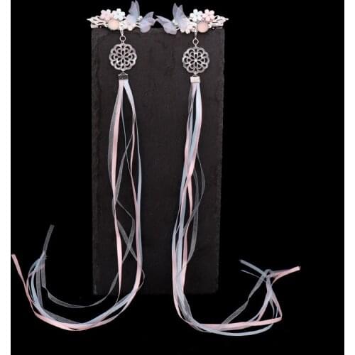 1 Pair Purple Blue Yarn Bowknot Flower Crystal Long Tassel Hairpins Clips Women Girl Bride Chinese Hanfu Dress Headpieces