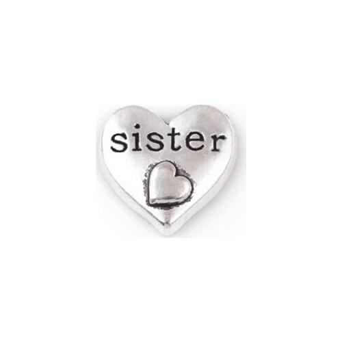20PCS/lot Silver Plated Sister Heart Charm, DIY Word Letter Charms Fit For Glass Floating Locket