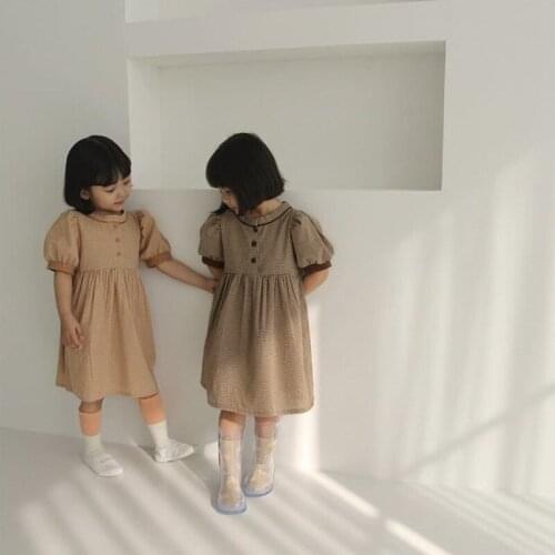 2021 New Fashion Vintage Summer Baby Girls Dress Cotton Short Sleeve Plaid Kids Clothing Princess Party Childrens Wear 2-7 Year