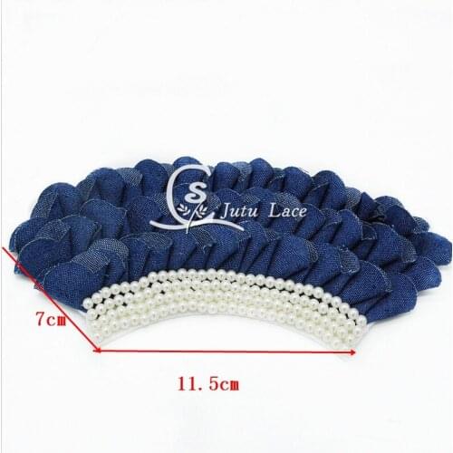 30 pcs / lot , 11.5 cm shabby denim flower with pearl , collar denim flower for hair apperal accessories