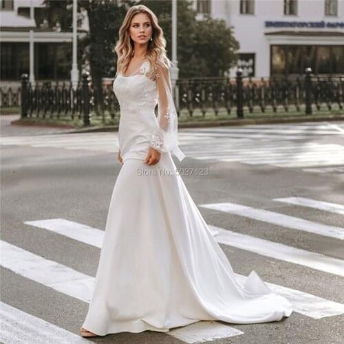 2020 Chic Princess White Wedding Dresses with Puff Sleeve Lace Appliques Beach Bride Dress Soft Satin Mermaid Wedding Gown