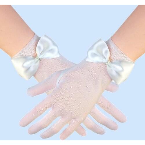 Off White Formal Bridal Prom Banquet Party Women Lace Bridal Bride Beaded Bow Short Gloves Wrist Wedding Party Costume Prom S293