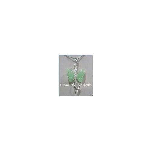 Free shipping *******beautiful silver plate green stone crystal butterfly pendant necklace