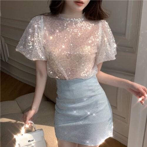 Perspective Summer French Mesh Spliced Sequined T-Shirts Beaded Shirts Bubble Short-sleeved Blusas Mujer O-Neck Crop Tops 2021