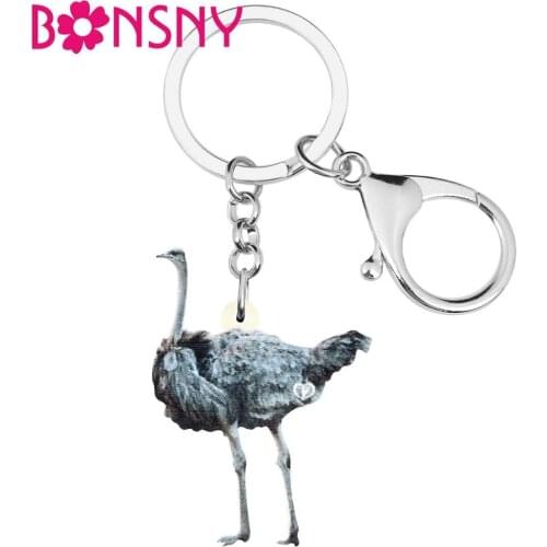 Bonsny Acrylic Gray Ostrich Keychains Long Printing Animal Keyring Jewelry For Women Kids Girls Novelty Gift Purse Accessories