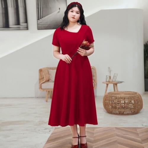 Burgundy O-Neck Short Sleeve Evening Dress Simple Tea-Length A-Line Zipper Back Ruched Vintage Plus Size Women Formal Gowns D463