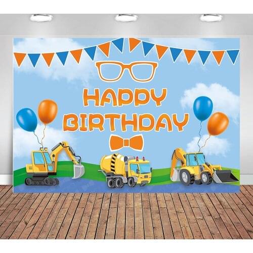Construction Theme Happy Birthday Backdrop for Kids Cartoon Excavator Truck Photography Background Bday Party Decoration Banner