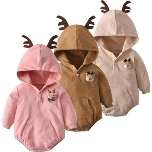 Newborn Baby Clothes Toddler Bodysuits Casual Baby Boys Girls Cartoon Elk Cotton Long Sleeve With Hooded Playsuits For 0-24M