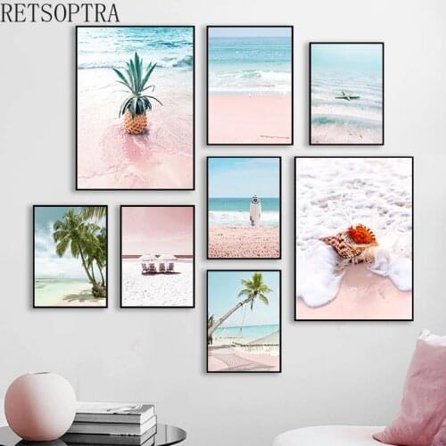 Fashion Poster Sandy Beach Pineapple Shell Beach Starfish Wall Art Canvas Print Seascape Decoration Picture Blue Sky