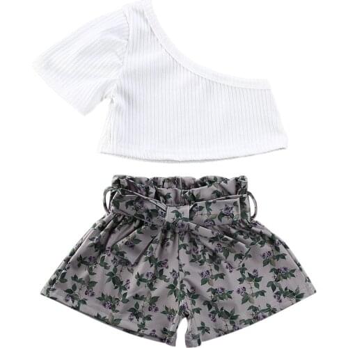 New Baby Clothes Sets Girls One Shoulder T-shirt Toddler Tops Girl Flowers Print Pants Kids Outfit