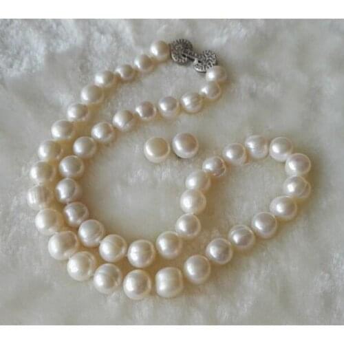 Charming Pearl Jewellery Set White Color AA 9-10MM Potato Round Real Freshwater Pearl Necklace Earrings