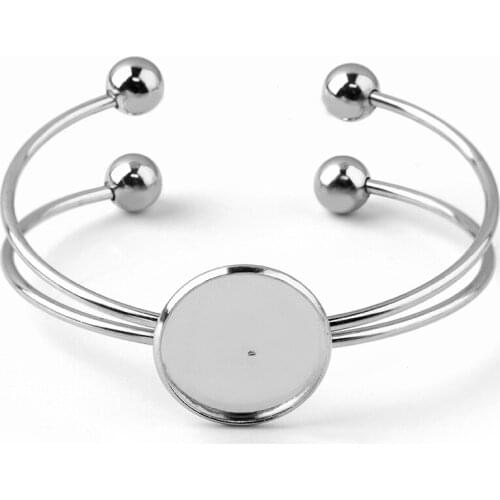 Stainless Steel Wire Open Cuff Bangle Bracelet 20mm Round Smooth Bezel Blank Cameo Cabochons Bases Settings NO Fade DIY Findings