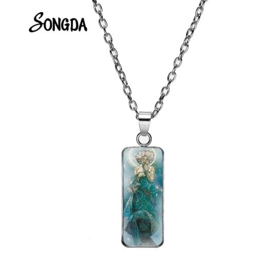 New Alphonse Mucha Rectangular Necklace Four Season Spring Summer Autumn Winter Victorian Retro Art Painting Glass Dome Necklace