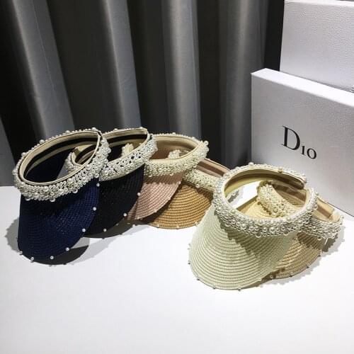 Fashion Handmade Pearl Lady Empty Top Kentucky Derby Wide Brim Sun Visor Straw Hat Woman Summer Sun Protection Beach Vacation