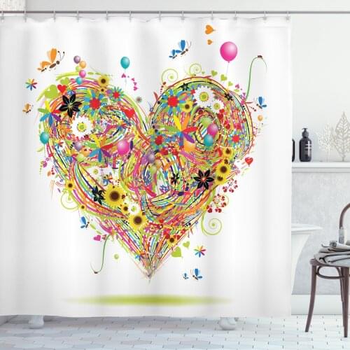 Heart Shower Curtain Set Jumble Hippie Themed Colorful Love Art Curtain for Bathroom Decor 12 Hooks Decorative Bath Accessory