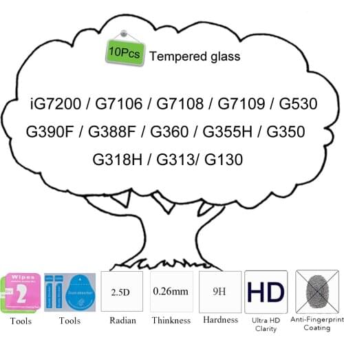 10pcs 2.5D 9H For Samsung Galaxy G530 G360 G350 G7200 G390F G388F G318 G313 G130 Tempered Glass Protective Screen Protector Film