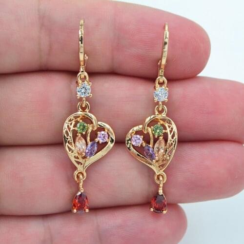 Fashion Jewelry Gold Color Colorful Cubic Zirconia Rainbow CZ Romantic Love Hearts Dangle Earrings for Women