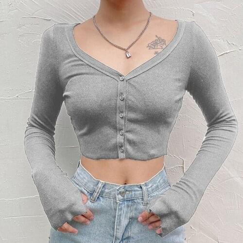 Women Long Sleeve Crop Tops Sexy Deep V Neck Basic Solid Black White Casual Tshirt Sexy Women Crop Tee Shirt 2020 Autumn