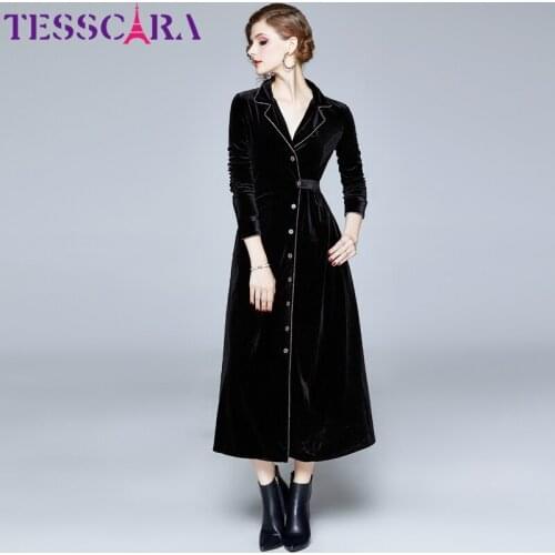 TESSCARA Women Autumn Winter Elegant Velvet Blazer Dress Festa Female Office Cocktail Party Robe High Quality Designer Vestidos