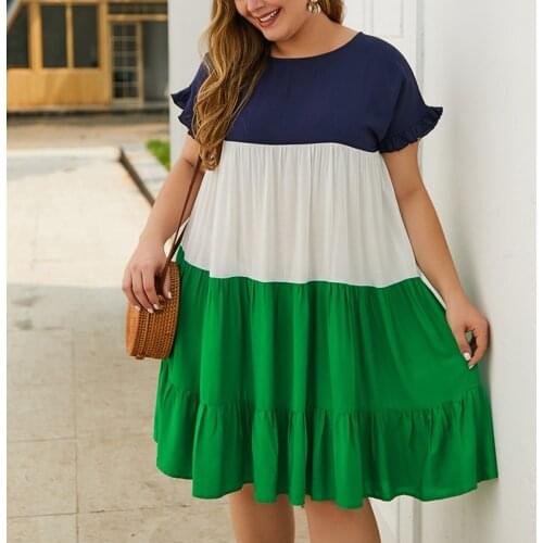 Spring and summer fashion dress large size womens 4XL 5XL 6XL 7XL 8XL bust 133CM cotton round neck stitching casual dress