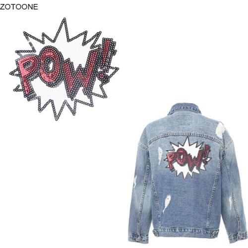ZOTOONE POW Sequin Patch Iron on Letter Patches for Clothing DIY Sticker Heat Transfer Embroidery Applique Sew on Thermal Press
